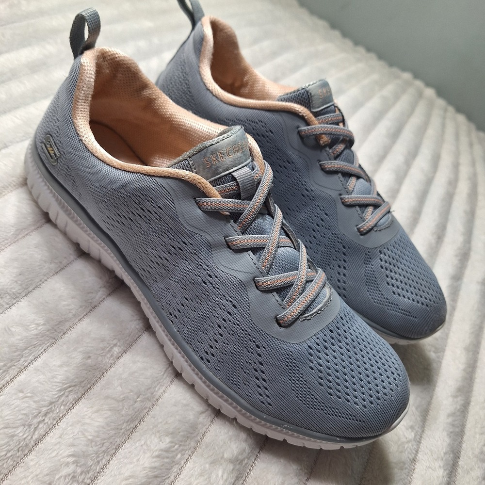 Skechers Virtue Lace No Tie Sneaker Shoes Womens 8.5 Gray Pink Memory Foam